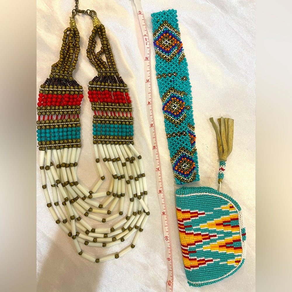 Indian Collection - Head band -Bead & brass necklace & bead leather coin purse